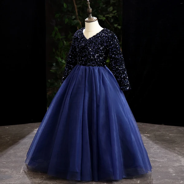 Vintage / Retro Navy Blue Sequins Flower Girl Dresses 2022 Ball Gown V-Neck Long Sleeve Floor-Length / Long Prom Flower Girl Dresses