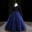 Vintage / Retro Navy Blue Sequins Flower Girl Dresses 2022 Ball Gown V-Neck Long Sleeve Floor-Length / Long Prom Flower Girl Dresses