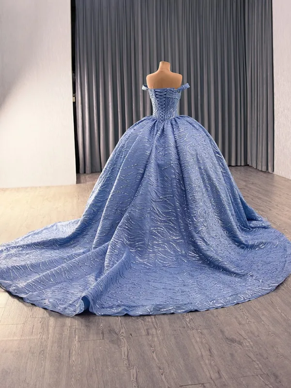 High-end Ocean Blue Handmade  Beading Sequins Prom Dresses 2014 Ball Gown Off-The-Shoulder Sleeveless Backless Royal Train Formal Dresses