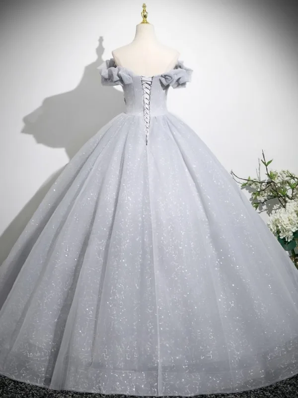Schöne Silber Grau Applikationen Perlenstickerei Pailletten Ballkleider 2025 Ballkleid Off Shoulder Kurze Ärmel Rückenfreies Lange Festliche Kleider