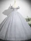 Schöne Silber Grau Applikationen Perlenstickerei Pailletten Ballkleider 2025 Ballkleid Off Shoulder Kurze Ärmel Rückenfreies Lange Festliche Kleider
