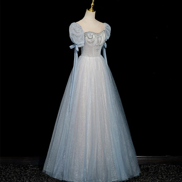 Chic / Belle Bleu Ciel Perlage Faux Diamant Paillettes Robe De Bal 2023 Princesse Encolure Carrée Manches Courtes Dos Nu Longue Robe De Ceremonie