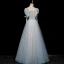 Chic / Belle Bleu Ciel Perlage Faux Diamant Paillettes Robe De Bal 2023 Princesse Encolure Carrée Manches Courtes Dos Nu Longue Robe De Ceremonie