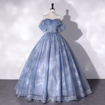 Fashion Sky Blue Flower Sequins Prom Dresses 2022 Ball Gown Off The Shoulder Short Sleeve Backless Floor Length Long Prom Formal Dresses