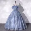 Fashion Sky Blue Flower Sequins Prom Dresses 2022 Ball Gown Off-The-Shoulder Short Sleeve Backless Floor-Length / Long Prom Formal Dresses