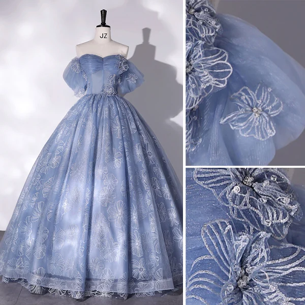 Fashion Sky Blue Flower Sequins Prom Dresses 2022 Ball Gown Off-The-Shoulder Short Sleeve Backless Floor-Length / Long Prom Formal Dresses