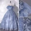 Fashion Sky Blue Flower Sequins Prom Dresses 2022 Ball Gown Off-The-Shoulder Short Sleeve Backless Floor-Length / Long Prom Formal Dresses