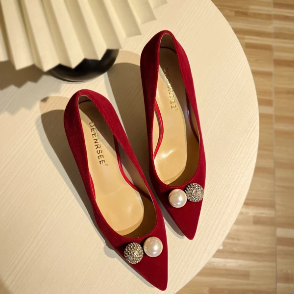 Chic / Beautiful Burgundy Suede Wedding Shoes 2022 10 cm Stiletto Heels Leather Pearl Rhinestone Pointed Toe Wedding Pumps High Heels