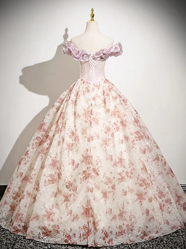 Elegant Blushing Pink Printing Prom Dresses 2025 Ball Gown Ruffle Off-The-Shoulder Sleeveless Backless Floor-Length / Long Prom Formal Dresses