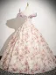 Elegant Blushing Pink Printing Prom Dresses 2025 Ball Gown Ruffle Off-The-Shoulder Sleeveless Backless Floor-Length / Long Prom Formal Dresses