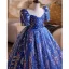 Sparkly Vintage / Retro Ocean Blue Pearl Sequins Birthday Flower Girl Dresses 2025 Ball Gown Scoop Neck Short Sleeve Backless Floor-Length / Long Tulle