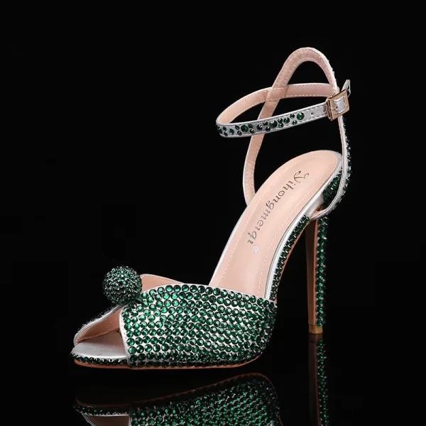 Sexy Bleu Ciel Faux Diamant Soirée Sandales Femme 2024 Bride Cheville 9 cm Talons Aiguilles Peep Toes / Bout Ouvert Talons Hauts