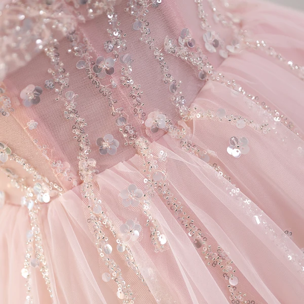 Charmant Rougissant Rose Perlage Noeud Paillettes Robe De Bal 2023 Robe Boule V-Cou Manches Courtes Dos Nu Longue Promo Robe De Ceremonie