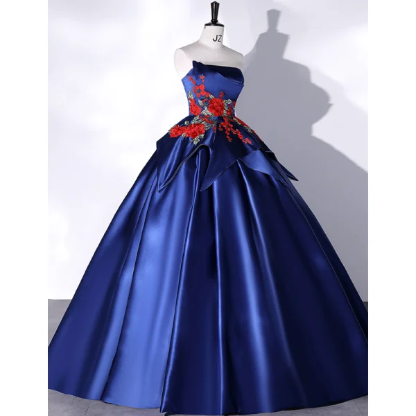 Vintage / Retro Navy Blue Satin Prom Dresses 2022 Ball Gown Strapless Lace Flower Sleeveless Backless Floor-Length / Long Prom Formal Dresses