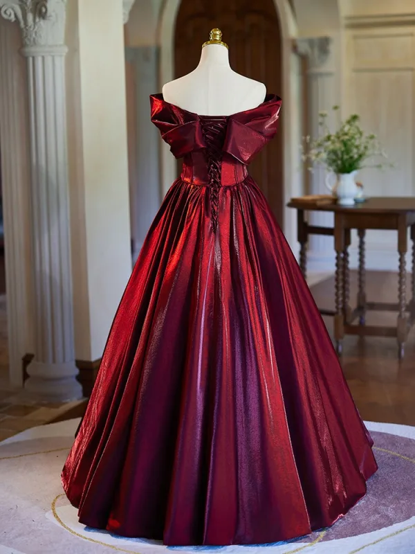 Elegant Burgundy Satin Prom Dresses 2024 Ball Gown Off-The-Shoulder Bow Sleeveless Backless Floor-Length / Long Prom Formal Dresses