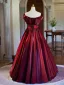 Elegant Burgundy Satin Prom Dresses 2024 Ball Gown Off-The-Shoulder Bow Sleeveless Backless Floor-Length / Long Prom Formal Dresses