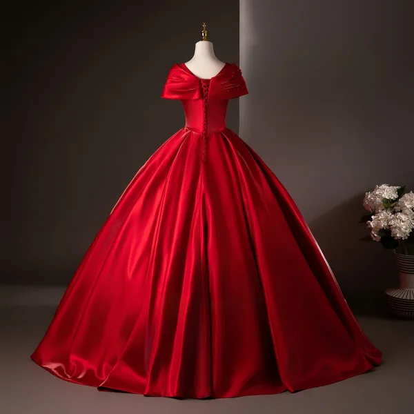 Chic / Beautiful Red Beading Prom Dresses 2025 Ball Gown V-Neck Short Sleeve Backless Floor-Length / Long Formal Dresses