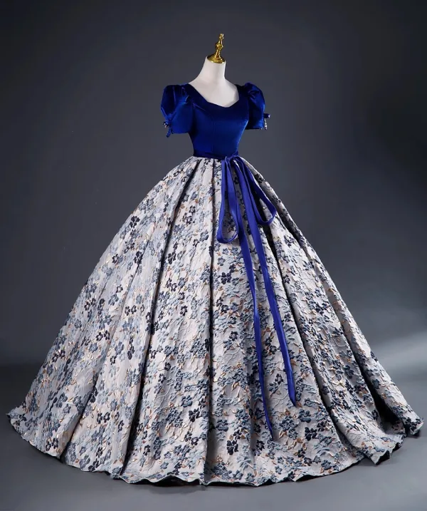 Elegant Royal Blue Printing Prom Dresses 2023 Ball Gown Satin Square Neckline Short Sleeve Backless Bow Sash Floor-Length / Long Prom Formal Dresses