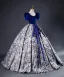 Elegant Royal Blue Printing Prom Dresses 2023 Ball Gown Satin Square Neckline Short Sleeve Backless Bow Sash Floor-Length / Long Prom Formal Dresses