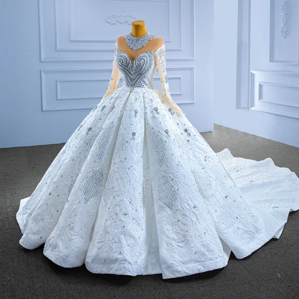 Luxury / Gorgeous Sparkly White Handmade Beading Pearl Rhinestone Sequins Wedding Dresses 2022 Ball Gown Scoop Neck Long Sleeve Backless Royal Train