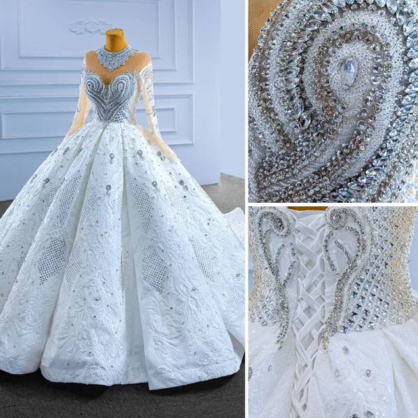 Luxury / Gorgeous Sparkly White Handmade Beading Pearl Rhinestone Sequins Wedding Dresses 2022 Ball Gown Scoop Neck Long Sleeve Backless Royal Train