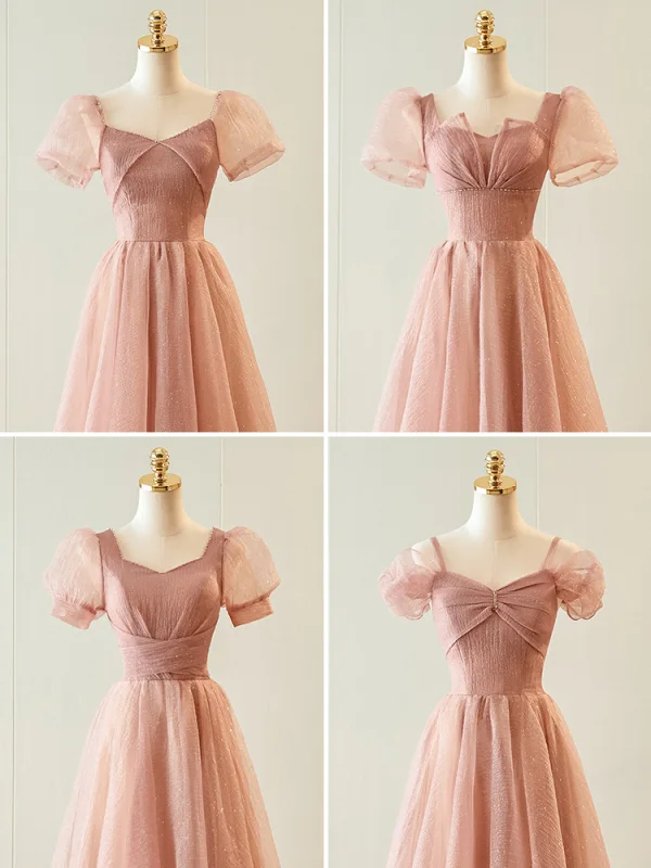 Simple Rougissant Rose Glitter Robe Demoiselle D'honneur 2023 Princesse Encolure Carrée Gonflée Manches Courtes Dos Nu Thé Longueur Robe Demoiselle D'honneur