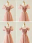 Simple Rougissant Rose Glitter Robe Demoiselle D'honneur 2023 Princesse Encolure Carrée Gonflée Manches Courtes Dos Nu Thé Longueur Robe Demoiselle D'honneur