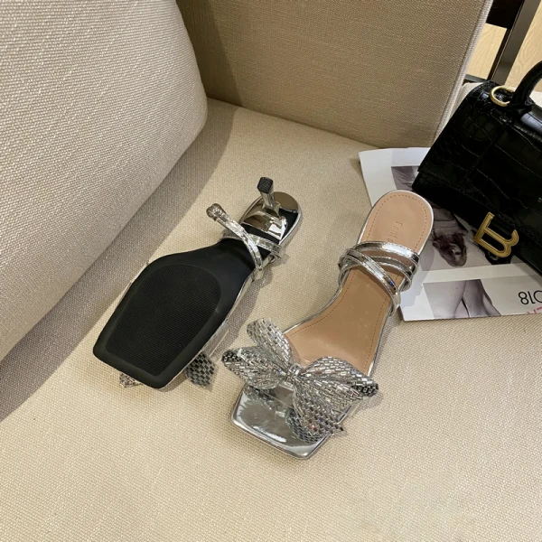 Chic / Beautiful Silver Rhinestone Bow Street Wear Womens Sandals 2022 Ankle Strap 9 cm Stiletto Heels Open / Peep Toe Sandals High Heels