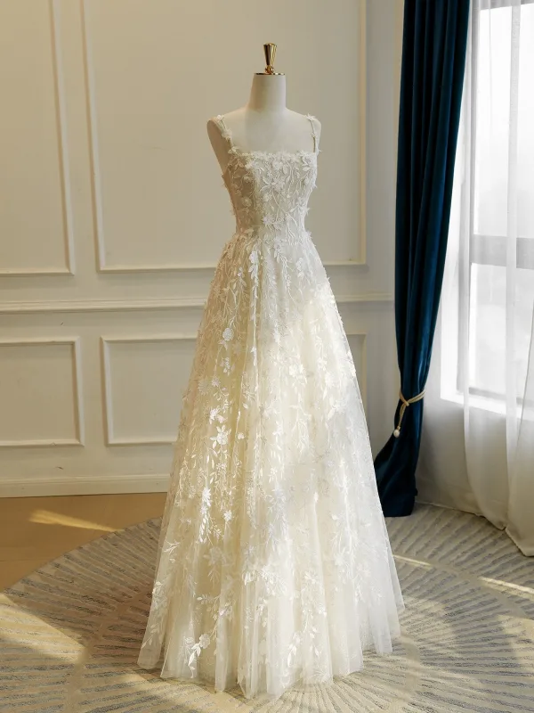 High-end Champagne Handmade Lace Flower Wedding Dresses 2026 A-Line / Princess Spaghetti Straps Sleeveless Backless Floor-Length / Long Wedding