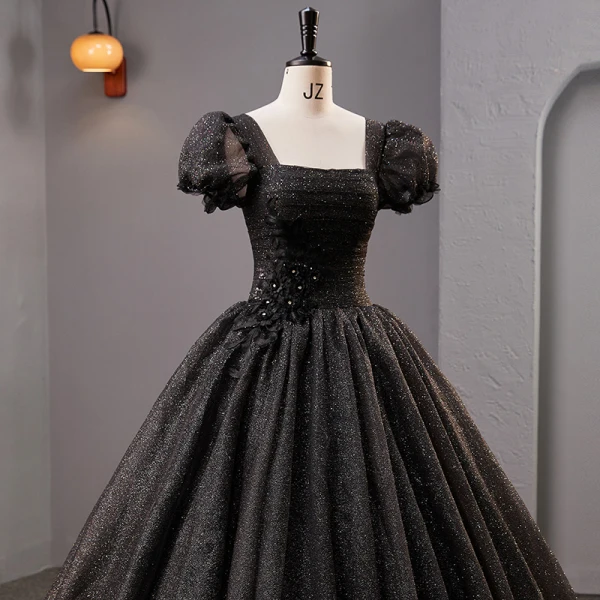 Vintage / Retro Black Rhinestone Sequins Lace Flower Prom Dresses 2023 Ball Gown Square Neckline Puffy Short Sleeve Backless Floor-Length / Long Prom Formal Dresses