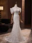Schlicht Weiß Spitze Brautkleider / Hochzeitskleider 2024 Meerjungfrau Off Shoulder Kurze Ärmel Rückenfreies Sweep / Pinsel Zug Hochzeit