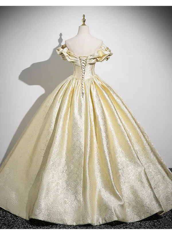 Chic / Beautiful Yellow Prom Dresses Ball Gown 2025 Off-The-Shoulder Short Sleeve Backless Floor-Length / Long Prom Formal Dresses
