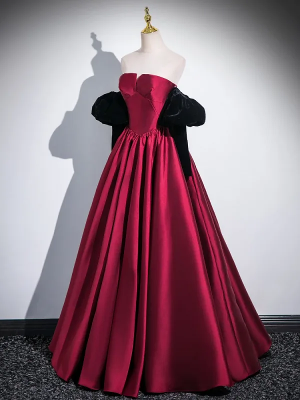 Elegant Burgundy Prom Dresses Satin 2024 Ball Gown Strapless Removable sleeves Backless Floor-Length / Long Prom Formal Dresses