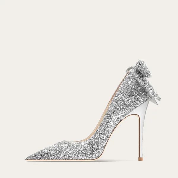 Sparkly Silver Sequins Bow Wedding Shoes 2024 10 cm Stiletto Heels Leather Pointed Toe Wedding Pumps High Heels