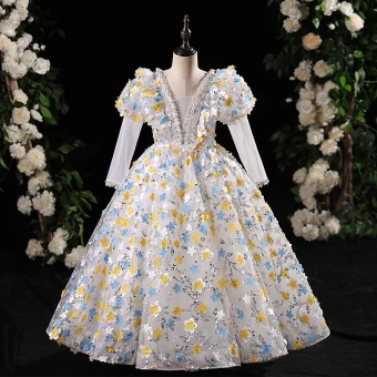 Fée Des Fleurs Multi Couleurs Appliques Perlage Perle Paillettes Anniversaire Robe Ceremonie Fille 2024 Robe Boule V Cou Manches Longues Longue