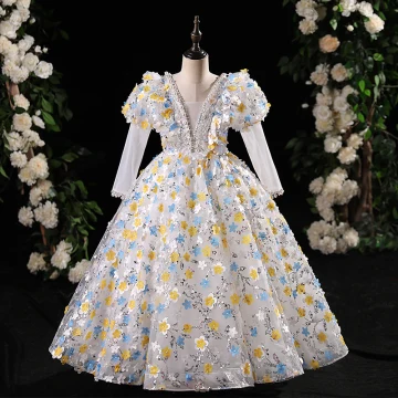 Flower Fairy Multi Colors Appliques Beading Pearl Sequins Birthday Flower Girl Dresses 2024 Ball Gown V Neck Long Sleeve Floor Length Long
