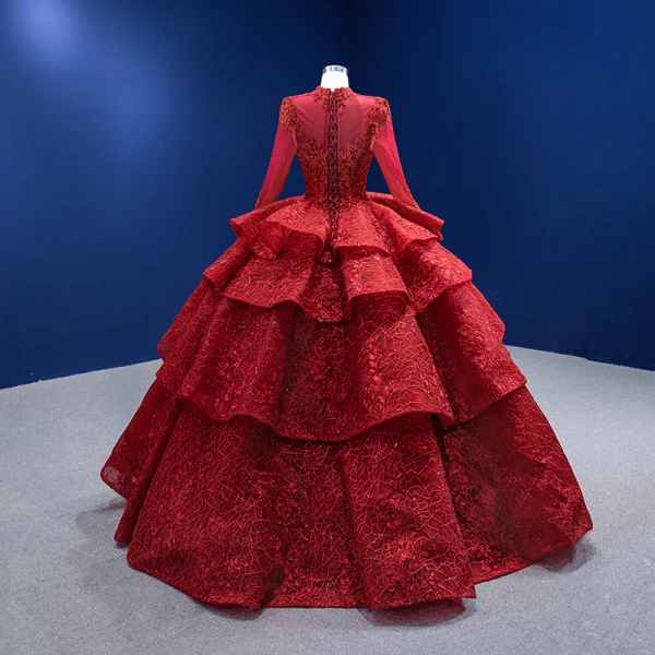 High-end Burgundy Beading Sequins Lace Flower Cascading Ruffles Wedding Dresses 2022 Ball Gown High Neck Long Sleeve Floor-Length / Long