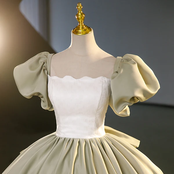 Elegant Sage Green Satin Prom Dresses 2023 Ball Gown Square Neckline Puffy Short Sleeve Backless Bow Floor-Length / Long Prom Formal Dresses