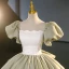 Elegant Sage Green Satin Prom Dresses 2023 Ball Gown Square Neckline Puffy Short Sleeve Backless Bow Floor-Length / Long Prom Formal Dresses