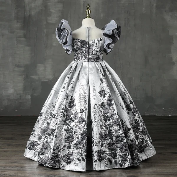 Haut de Gamme Blanche Perlage Perle Robe Ceremonie Fille 2022 Robe Boule Encolure Dégagée Gonflée Manches Courtes Noire Fleur Longue Promo Robe Ceremonie Fille