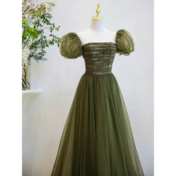 Modest / Simple Clover Green Sequins Prom Dresses 2022 A-Line / Princess Square Neckline Puffy Short Sleeve Backless Floor-Length / Long Prom Formal Dresses