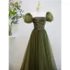 Modest / Simple Clover Green Sequins Prom Dresses 2022 A-Line / Princess Square Neckline Puffy Short Sleeve Backless Floor-Length / Long Prom Formal Dresses