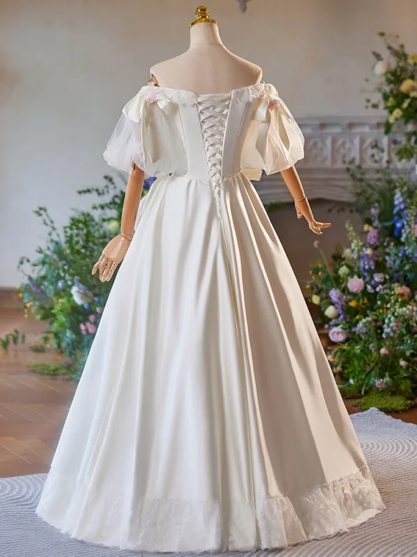 Vintage / Retro Ivory Satin Lace Flower Prom Dresses 2024 Ball Gown Off-The-Shoulder Bow Short Sleeve Backless Floor-Length / Long Prom Formal Dresses
