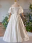 Vintage / Retro Ivory Satin Lace Flower Prom Dresses 2024 Ball Gown Off-The-Shoulder Bow Short Sleeve Backless Floor-Length / Long Prom Formal Dresses