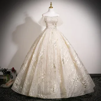 Chic Belle Champagne Perlage Paillettes Robe De Bal 2025 Robe Boule De L Épaule Manches Courtes Dos Nu Longue Promo Robe De Ceremonie