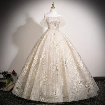 Hermoso Champán Rebordear Lentejuelas Vestidos De Gala 2025 Ball Gown Fuera Del Hombro Manga Corta Sin Espalda Largos Gala Vestidos Formales