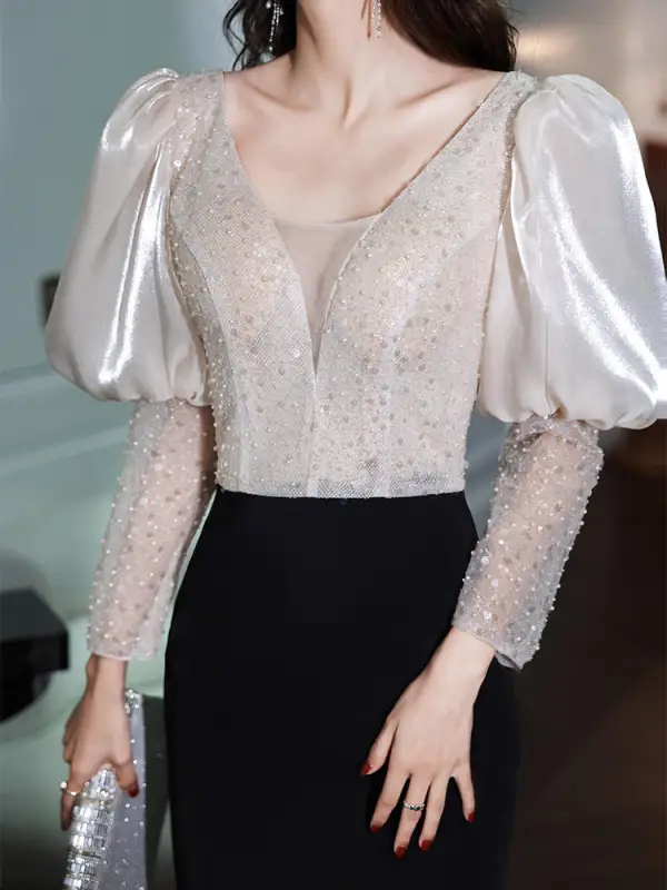 Mode Schwarz Pailletten Perle Abendkleider 2022 Meerjungfrau V-Ausschnitt Lange Ärmel Rückenfreies Lange Abend Festliche Kleider