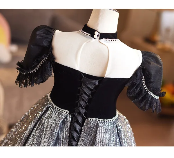 Sparkly Black Rhinestone Sequins Birthday Flower Girl Dresses 2026 Ball Gown Square Neckline Short Sleeve Backless Floor-Length / Long