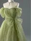 Chic / Beautiful Sage Green Beading Bow Prom Dresses 2026 A-Line / Princess Off-The-Shoulder Short Sleeve Backless Sweep Train Formal Dresses