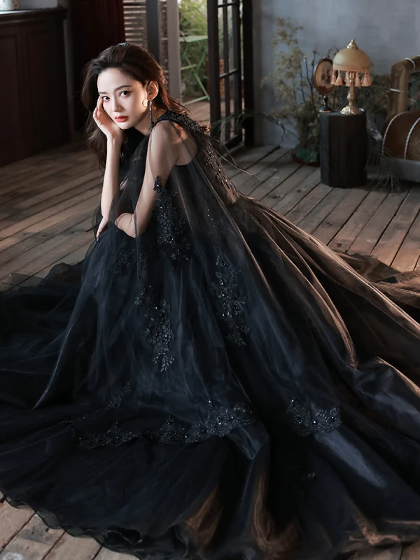 black prom dress gothic Custom Black Red Tiered Ball Gown Gothic Prom Wedding Dress main image 0